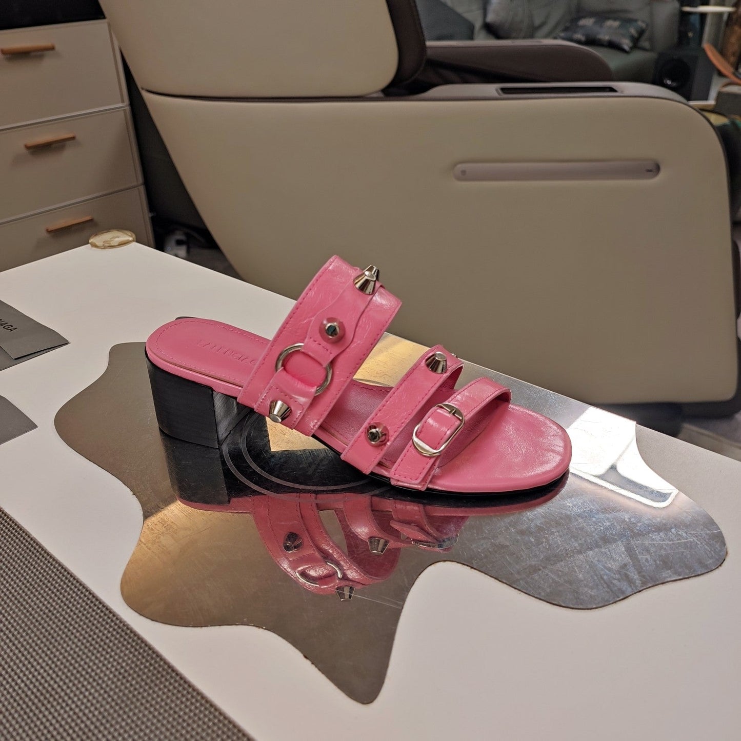 Balanciaga STRAPPY MEDIUM HEELED SANDALS IN WEWAK PINK STUDDED WAX-OIL SHEEPSKIN