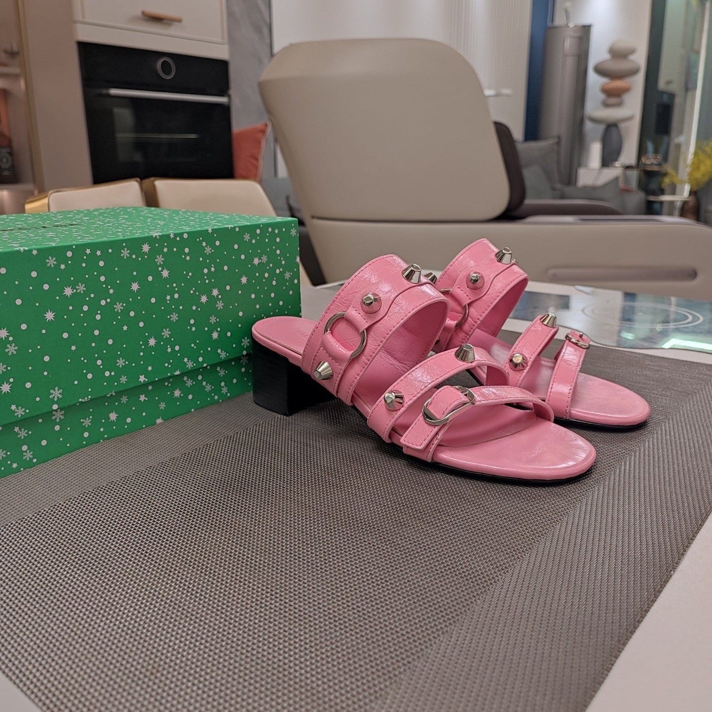 Balanciaga STRAPPY MEDIUM HEELED SANDALS IN WEWAK PINK STUDDED WAX-OIL SHEEPSKIN
