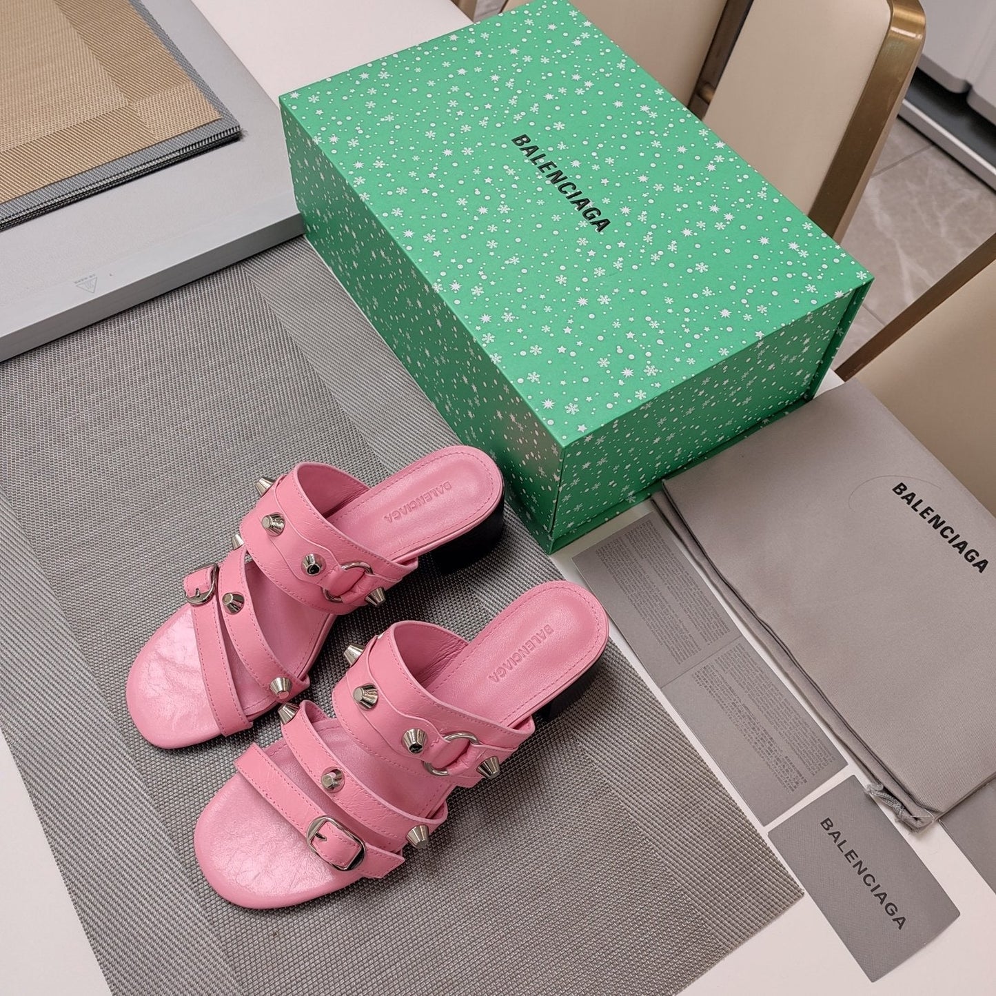 Balanciaga STRAPPY MEDIUM HEELED SANDALS IN WEWAK PINK STUDDED WAX-OIL SHEEPSKIN