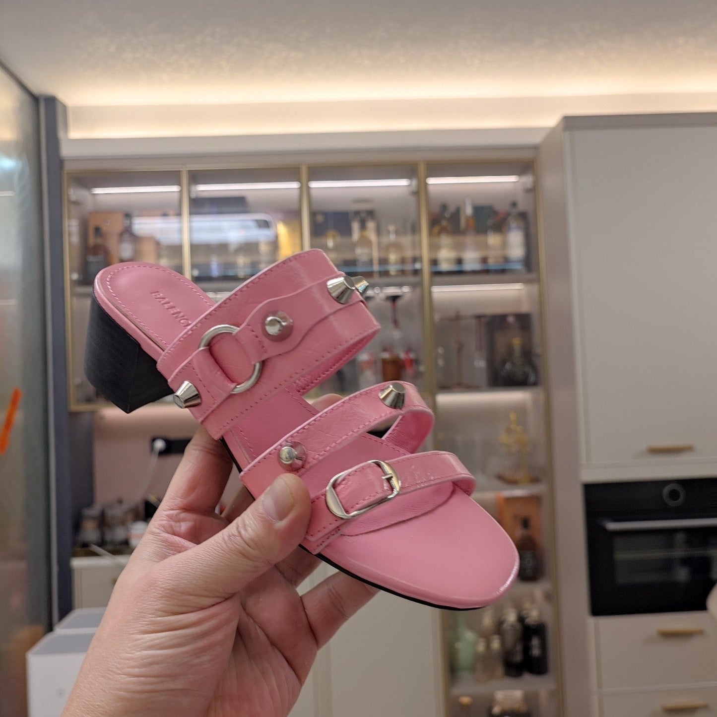 Balanciaga STRAPPY MEDIUM HEELED SANDALS IN WEWAK PINK STUDDED WAX-OIL SHEEPSKIN