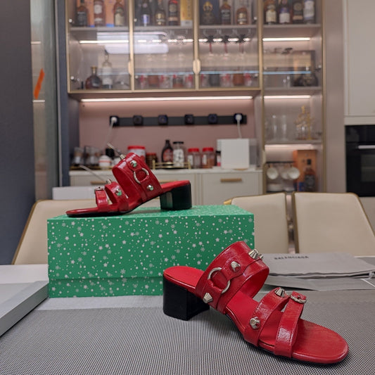 Balanciaga STRAPPY MEDIUM HEELED SANDALS IN RED STUDDED WAX-OIL SHEEPSKIN
