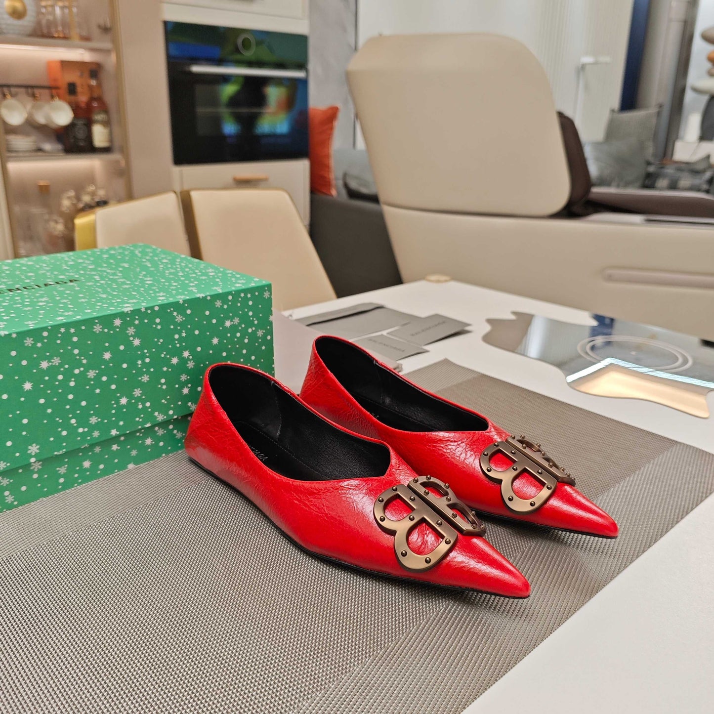 Balanciaga POINTED BALLET FLATS IN RED SHINY CRACKED SHEEPSKIN