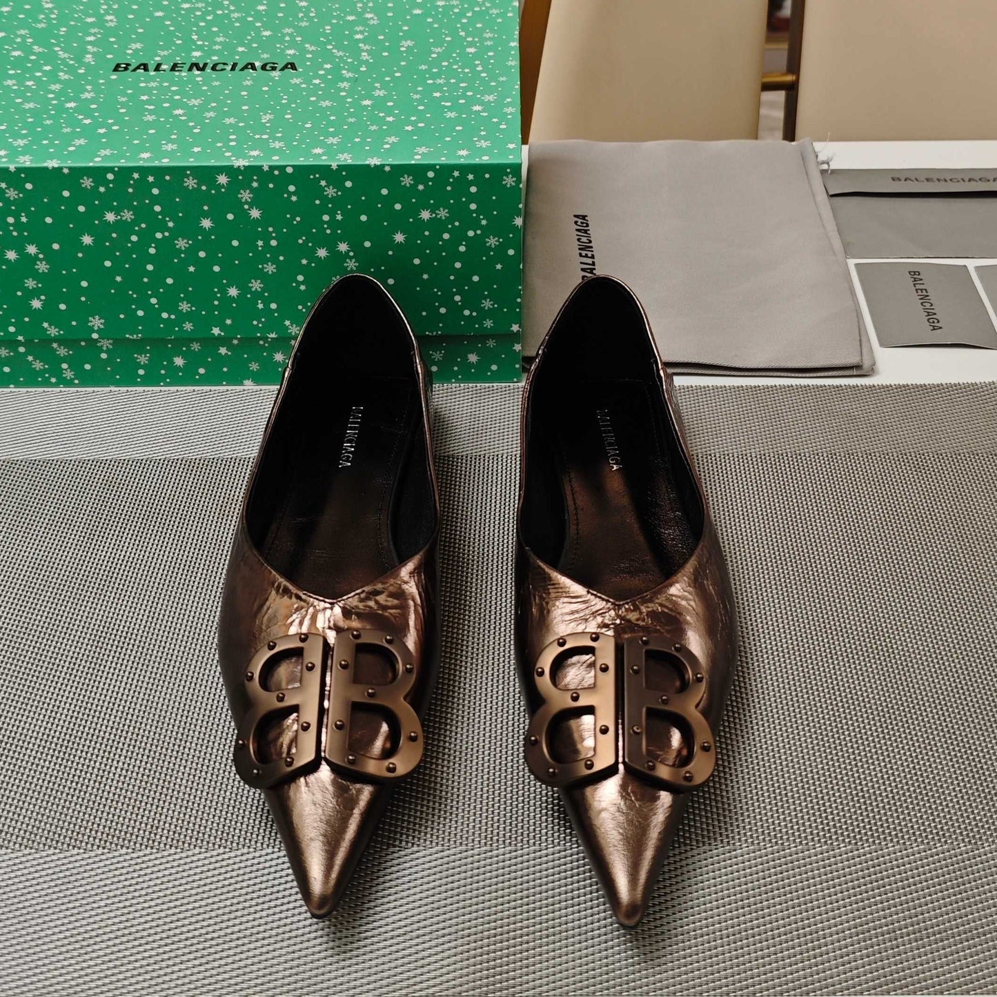 Balanciaga POINTED BALLET FLATS IN CHOCOLATE SHINY CRACKED SHEEPSKIN