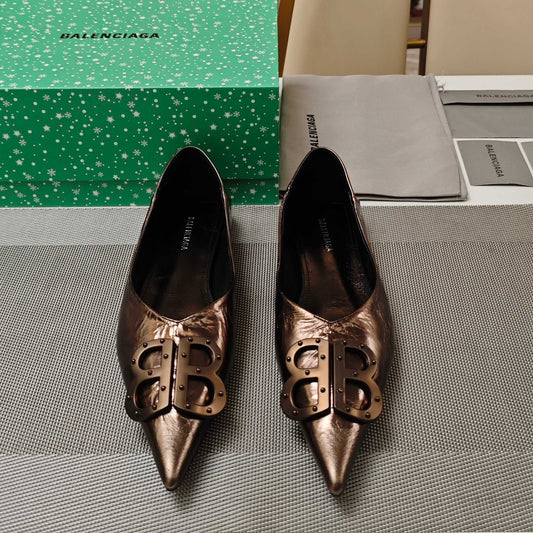 Balanciaga POINTED BALLET FLATS IN CHOCOLATE SHINY CRACKED SHEEPSKIN