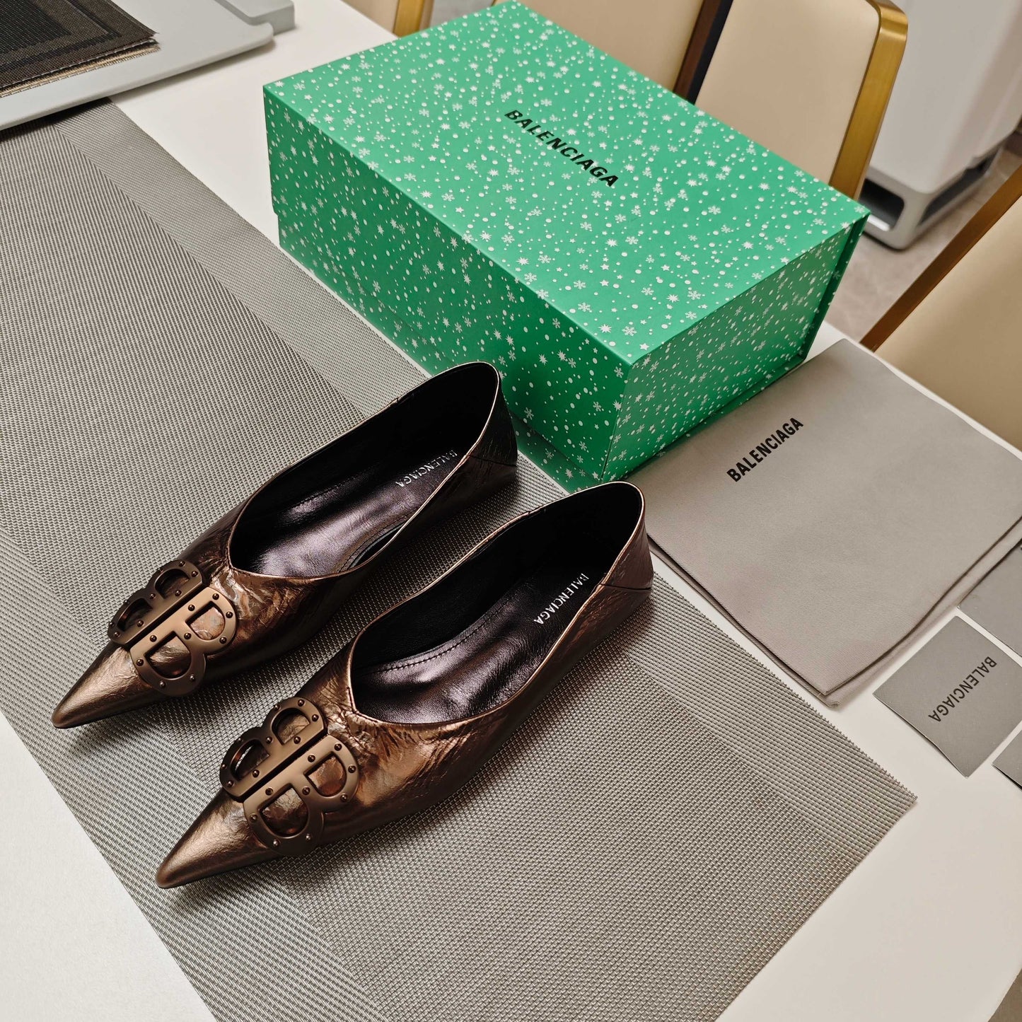 Balanciaga POINTED BALLET FLATS IN CHOCOLATE SHINY CRACKED SHEEPSKIN