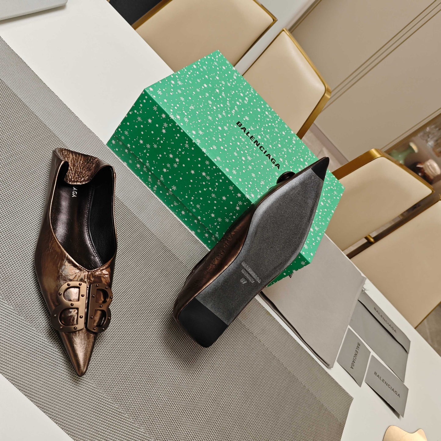 Balanciaga POINTED BALLET FLATS IN CHOCOLATE SHINY CRACKED SHEEPSKIN