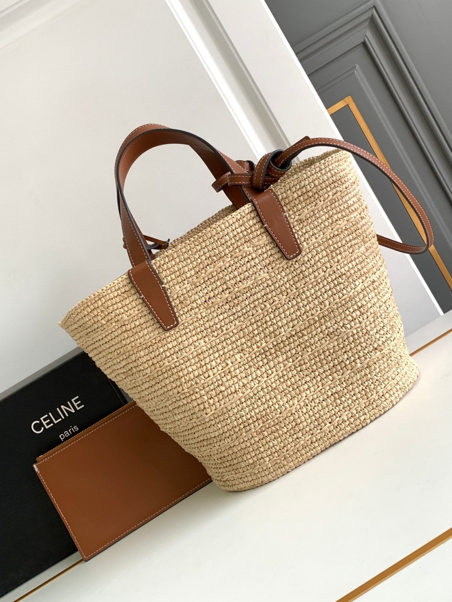 Celine teen supple classic panier 21cm raffia brown calfskin