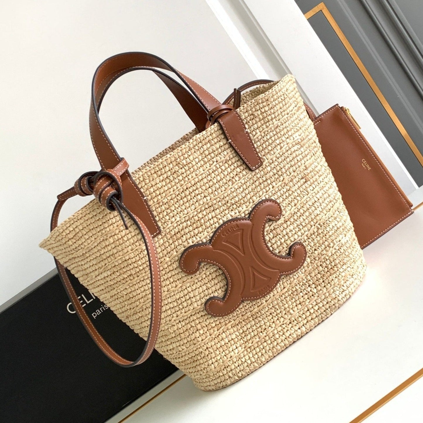 Celine teen supple classic panier 21cm raffia brown calfskin