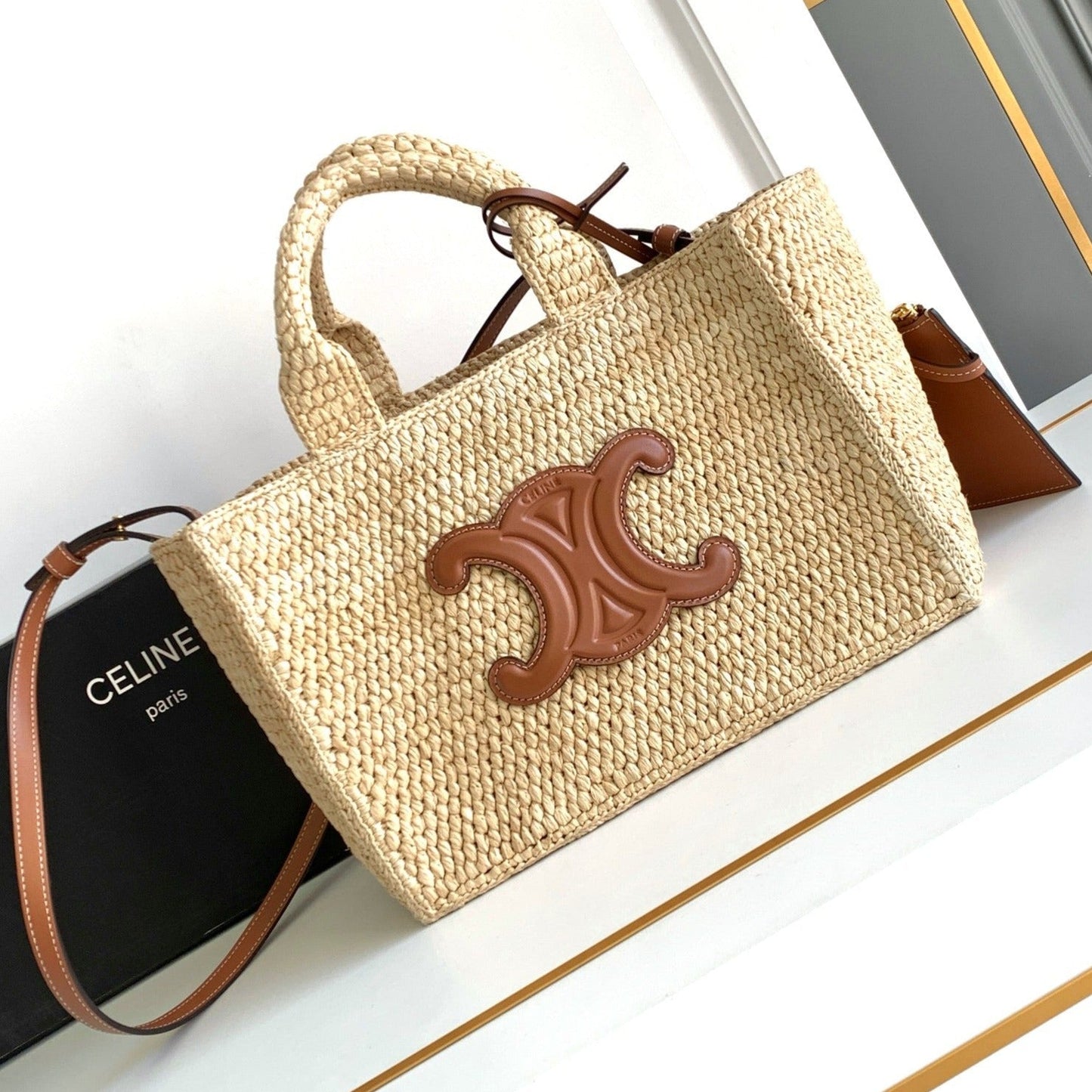 Celine small cabas thais 27cm raffia brown calfskin
