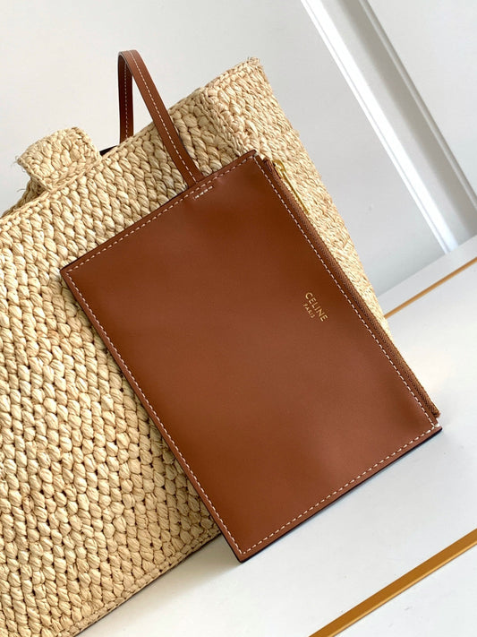 Celine small cabas thais 27cm raffia brown calfskin