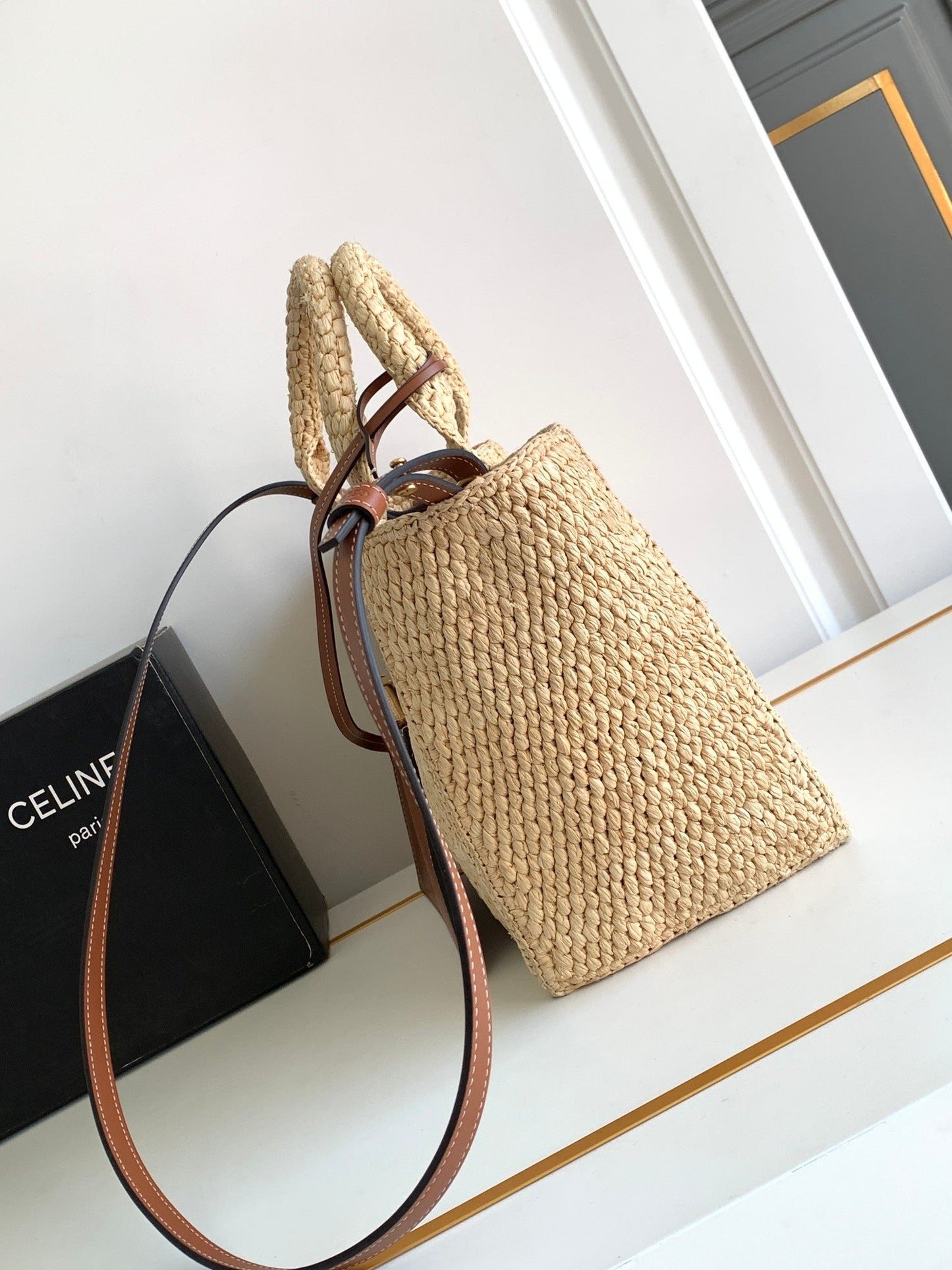 Celine small cabas thais 27cm raffia brown calfskin