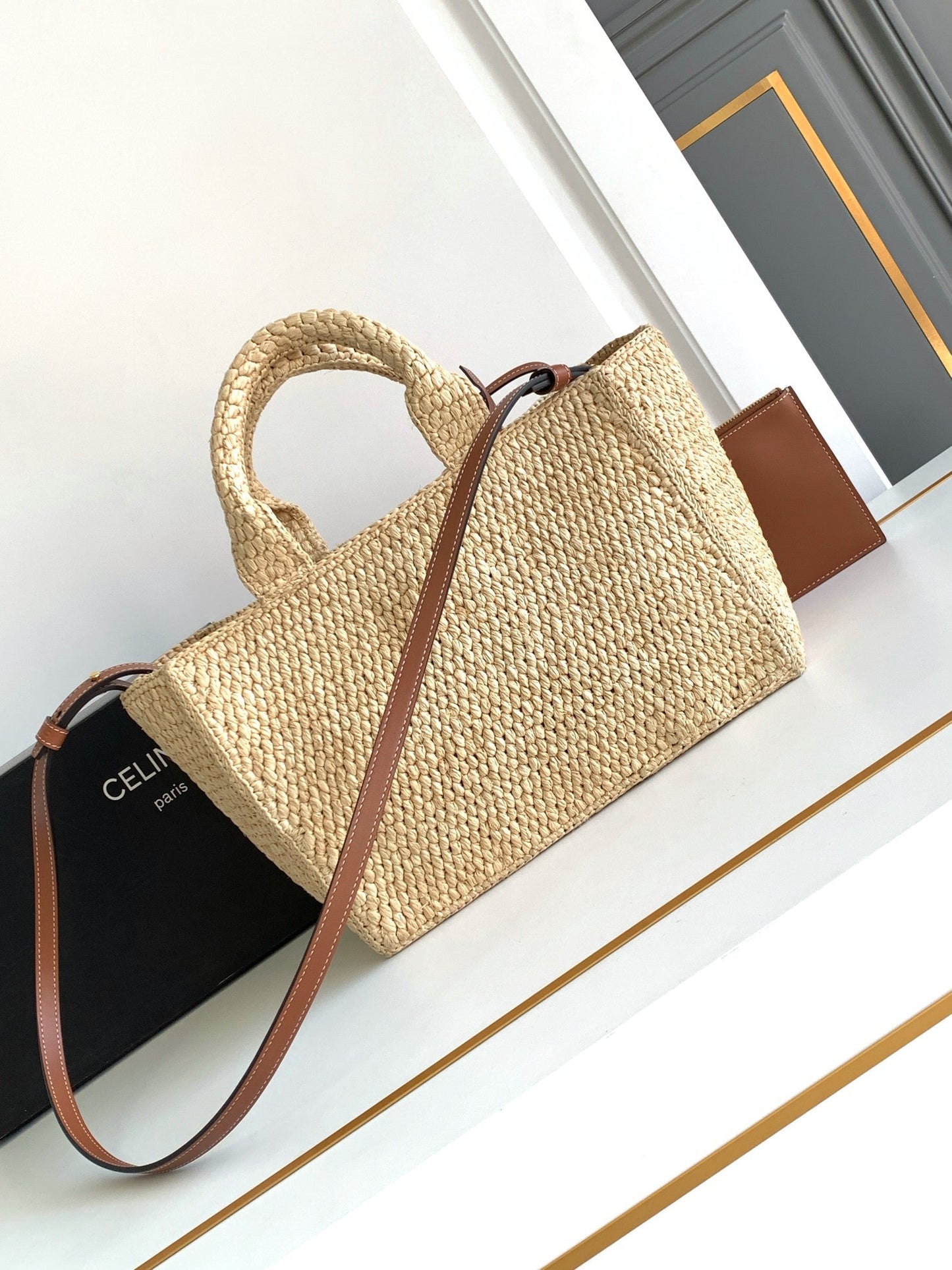 Celine small cabas thais 27cm raffia brown calfskin