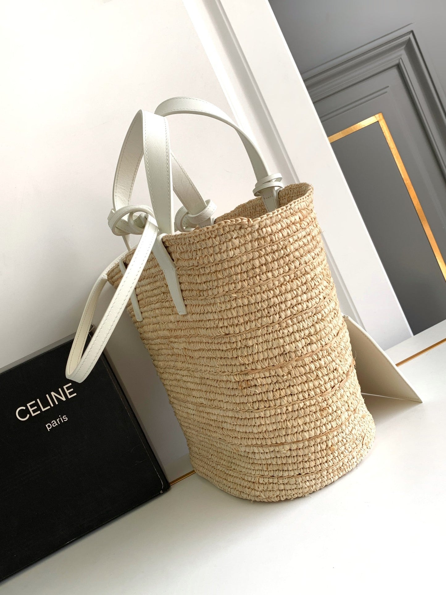 Celine teen supple classic panier 21cm raffia white calfskin