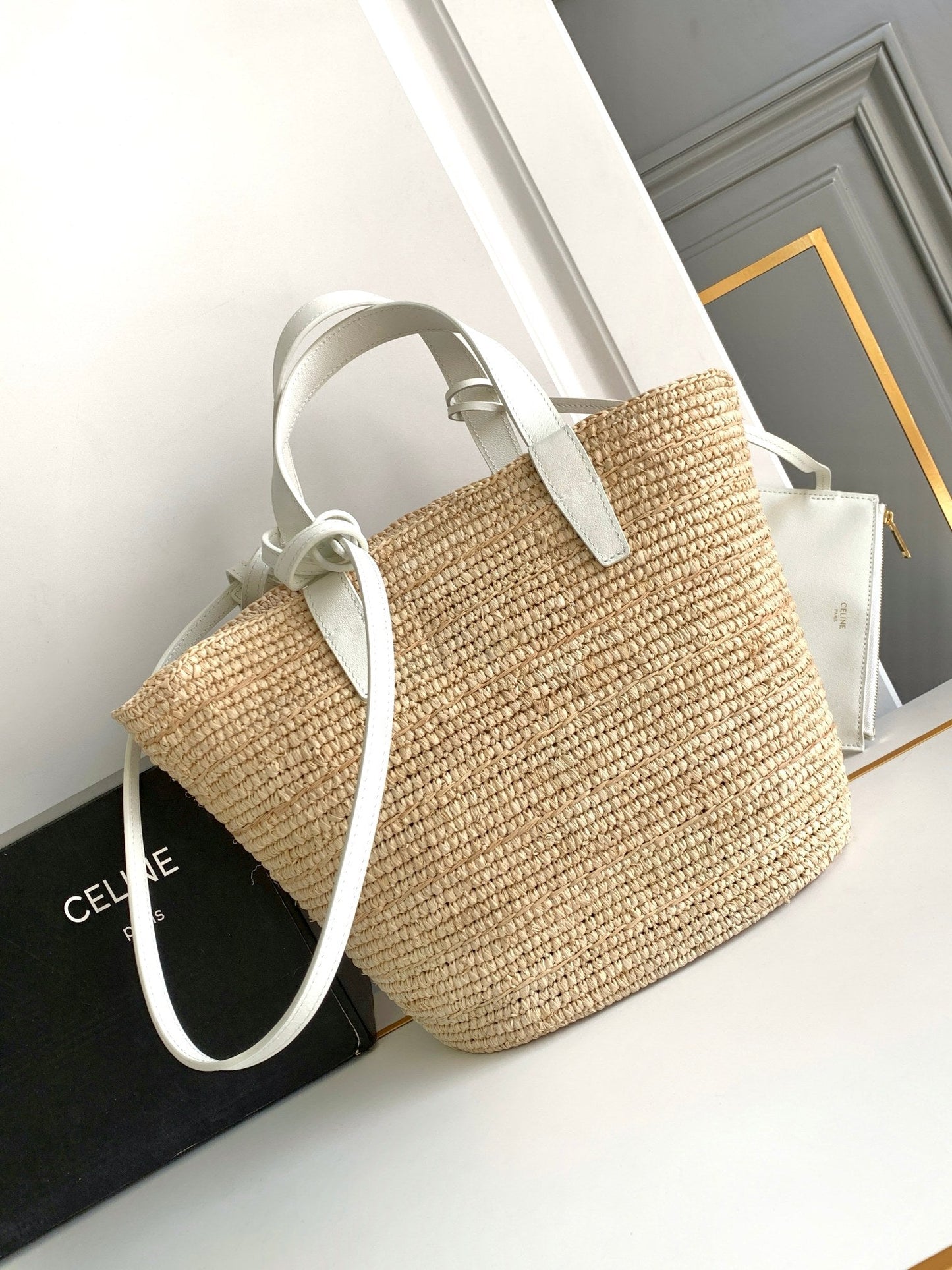 Celine teen supple classic panier 21cm raffia white calfskin