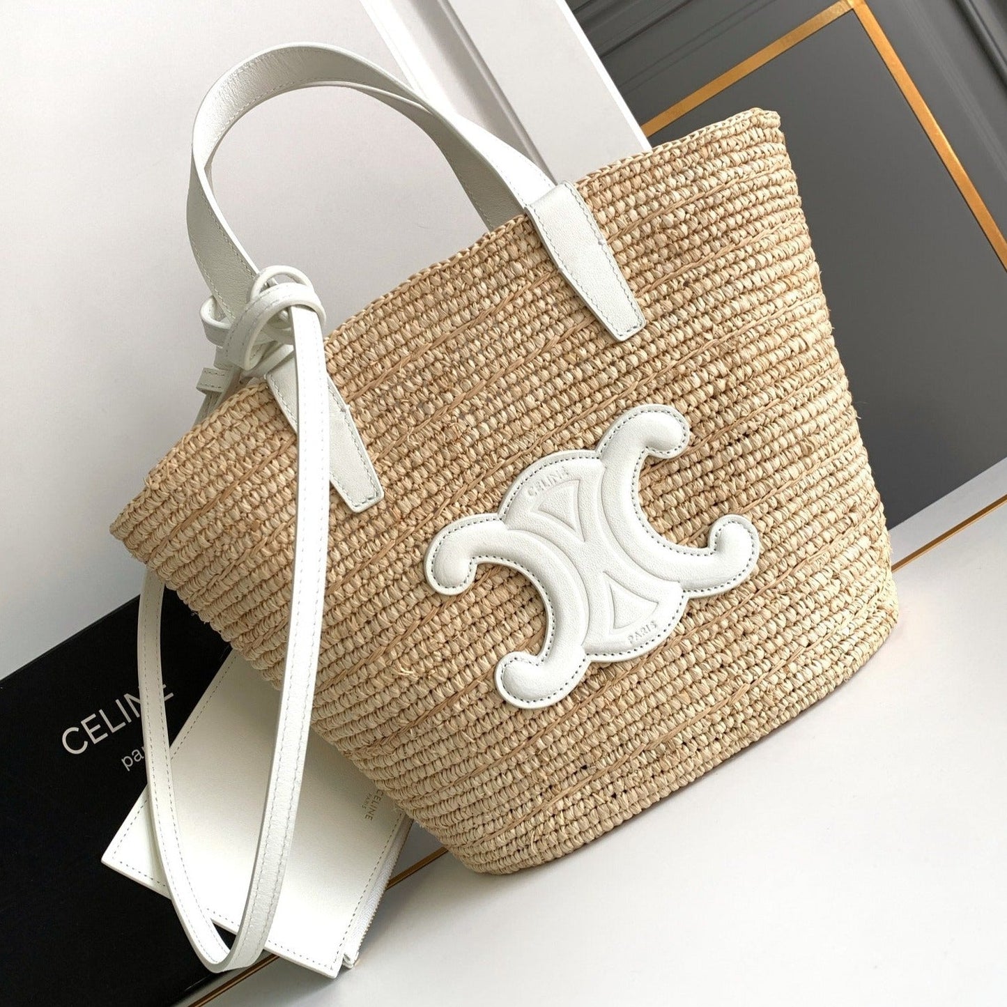 Celine teen supple classic panier 21cm raffia white calfskin