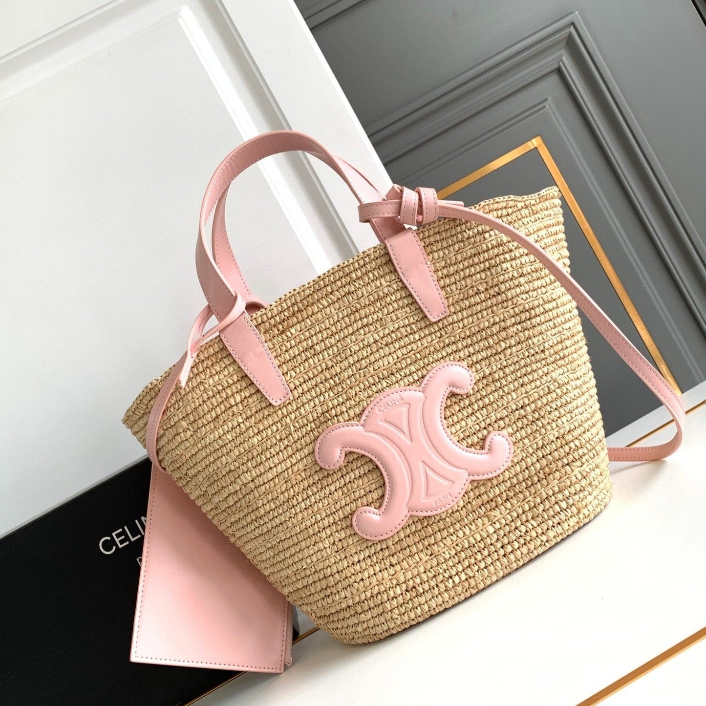 Celine teen supple classic panier 21cm raffia pink calfskin