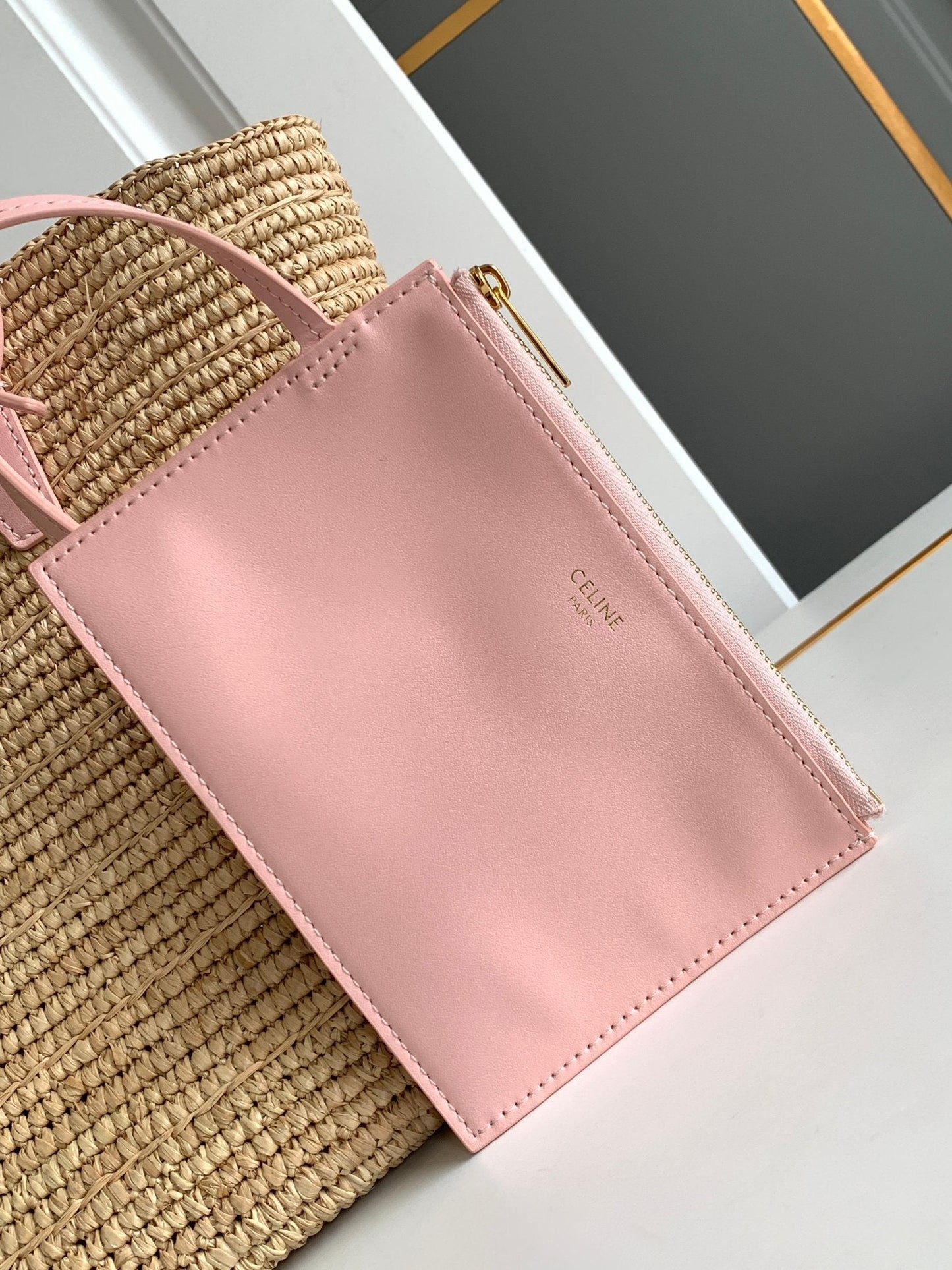 Celine teen supple classic panier 21cm raffia pink calfskin