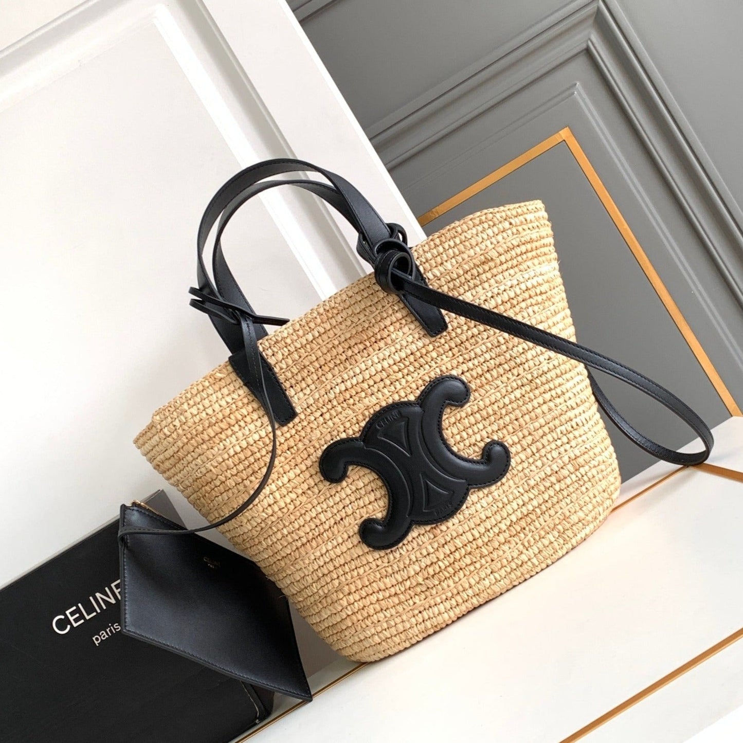 Celine teen supple classic panier 21cm raffia black calfskin