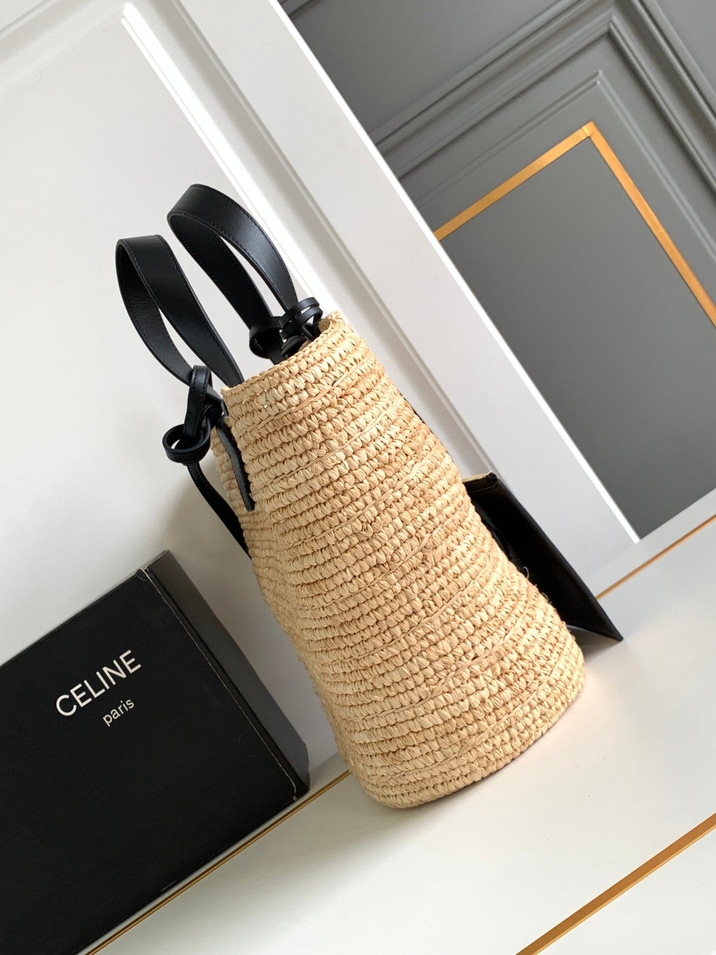Celine teen supple classic panier 21cm raffia black calfskin