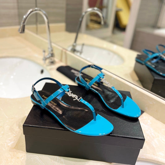 Saint Laurent SL CASSANDRA SANDALS CERULEAN POLISHED CALFSKIN