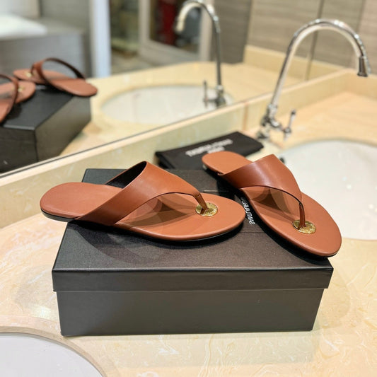 Saint Laurent SL KOUROS THONG SANDALS BROWN CALFSKIN