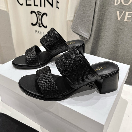Celine APPOLINE MULE IN RAFFIA & CALFSKIN BLACK
