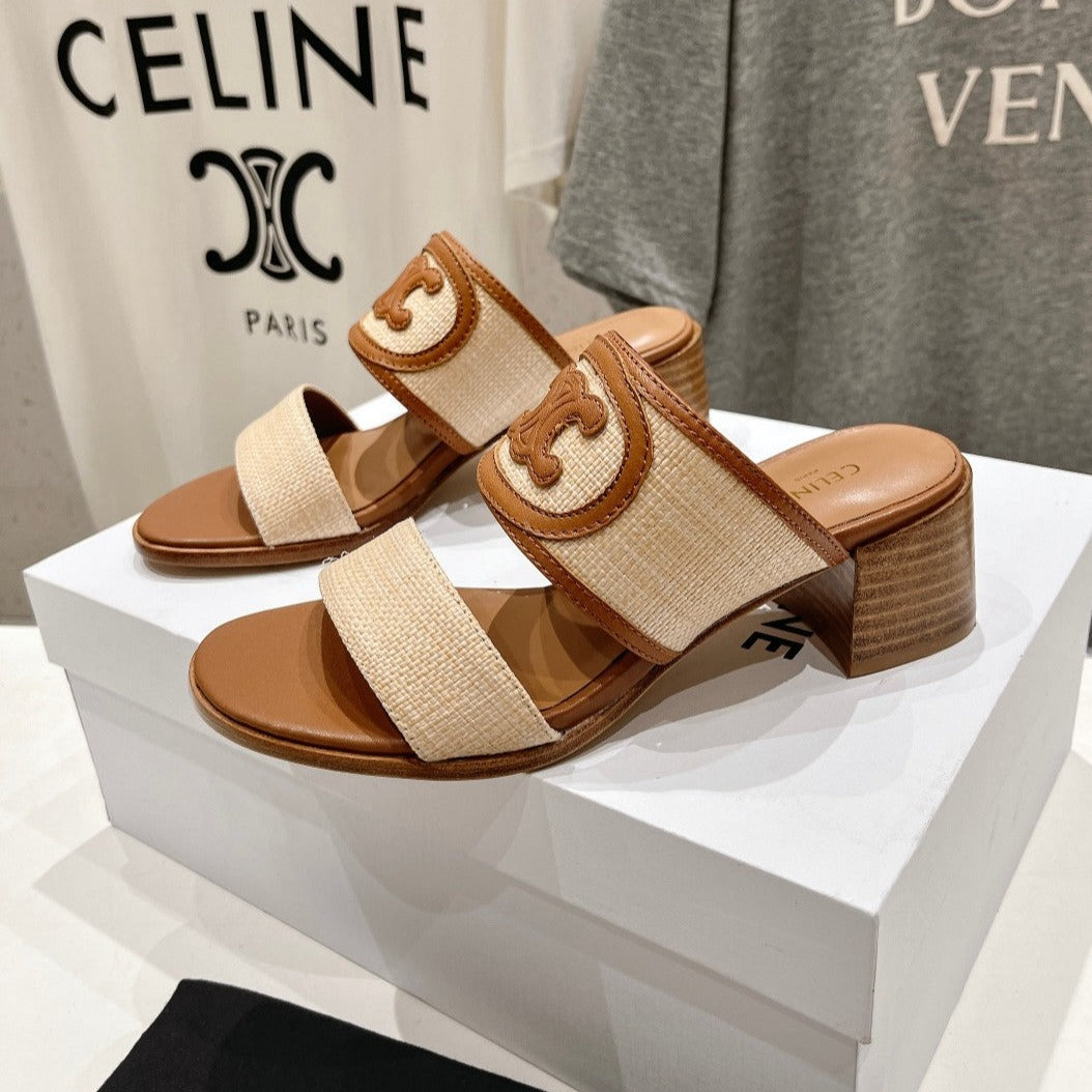 Celine APPOLINE MULE IN RAFFIA & CALFSKIN BEIGE / TAN