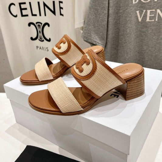 Celine APPOLINE MULE IN RAFFIA & CALFSKIN BEIGE / TAN