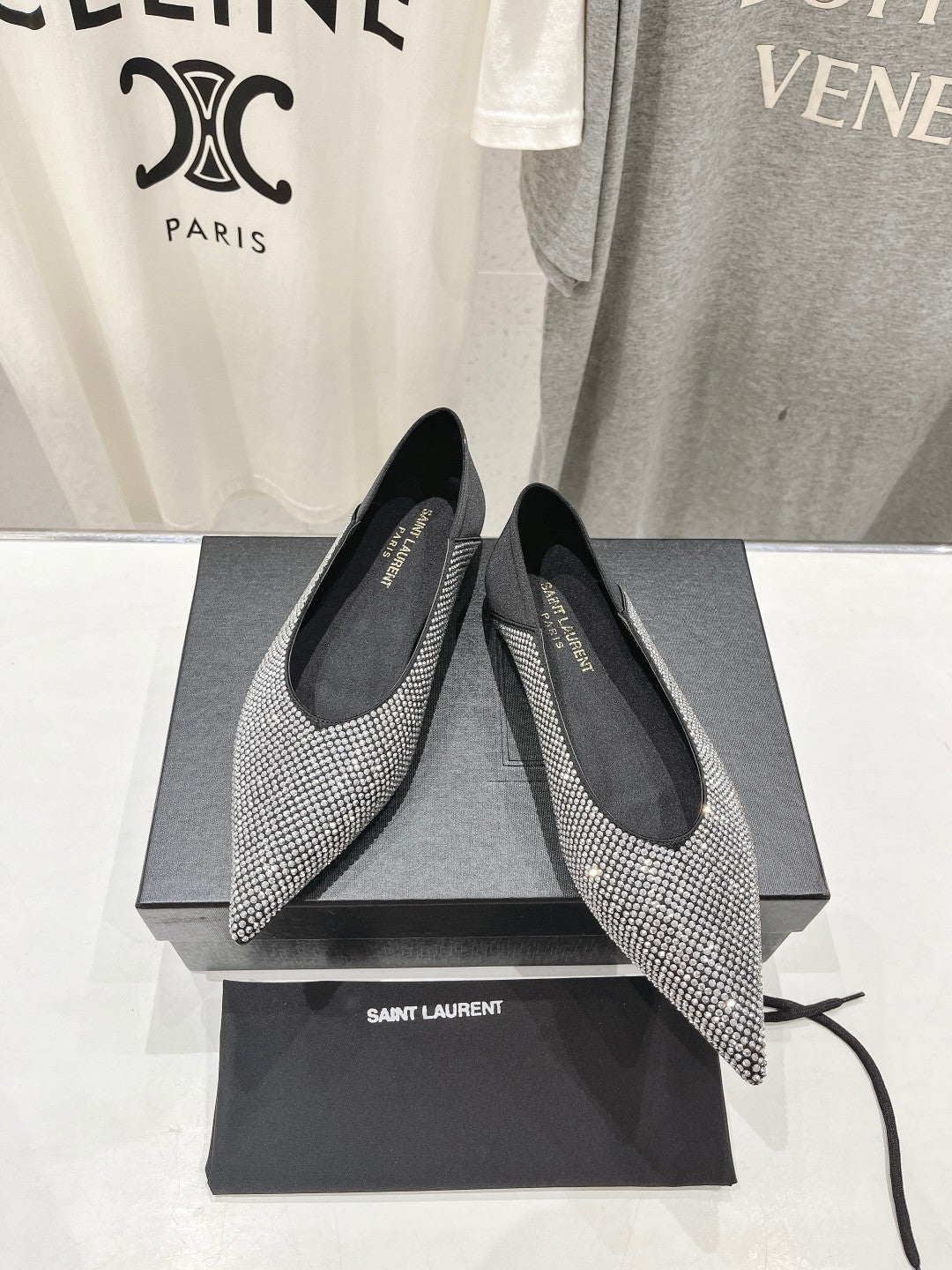 Saint Laurent SL NOUR LEOPARD POINT TOE BALLET BLACK CRYSTAL SATIN