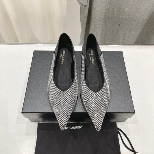 Saint Laurent SL NOUR LEOPARD POINT TOE BALLET BLACK CRYSTAL SATIN