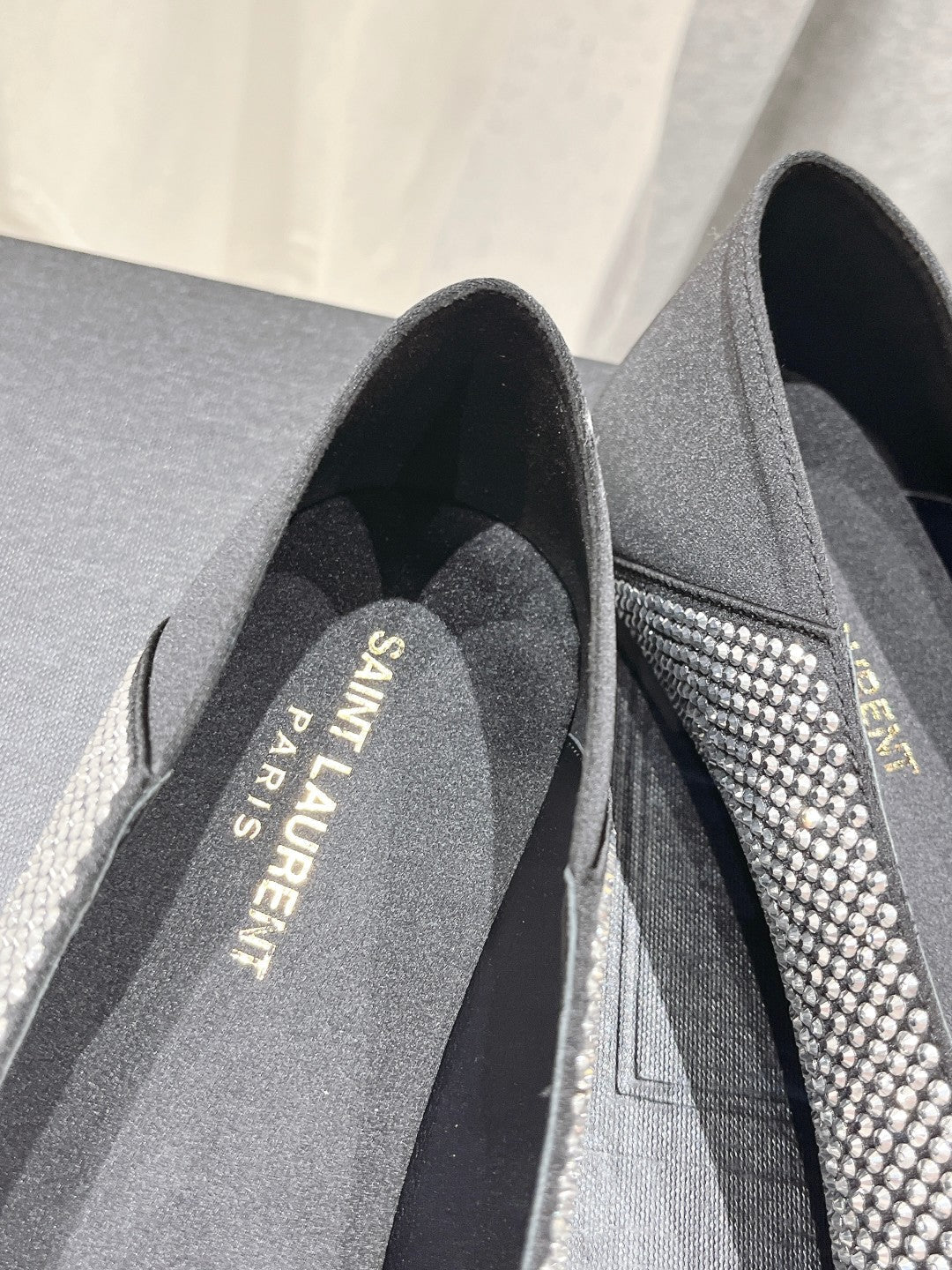 Saint Laurent SL NOUR LEOPARD POINT TOE BALLET BLACK CRYSTAL SATIN