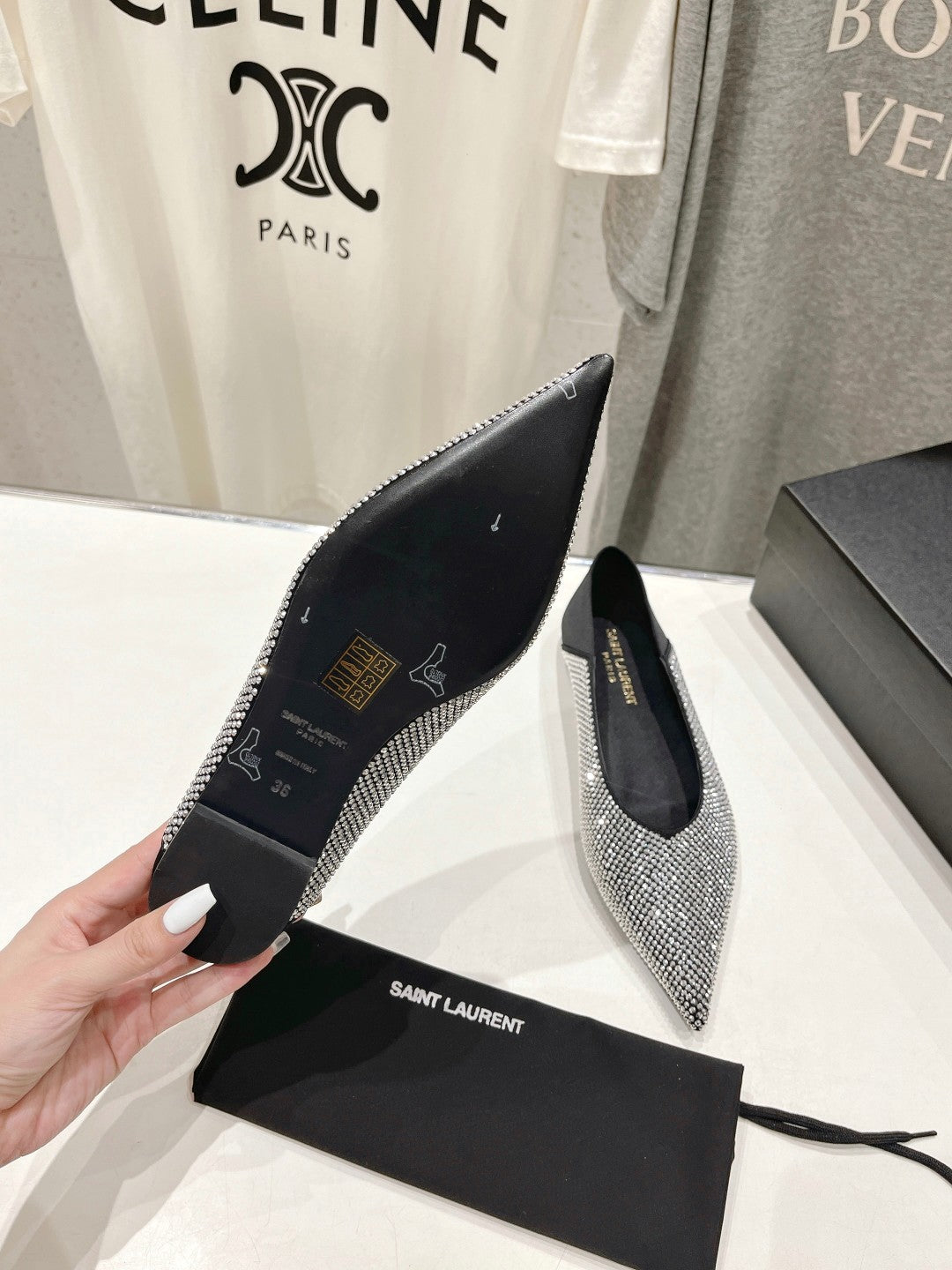 Saint Laurent SL NOUR LEOPARD POINT TOE BALLET BLACK CRYSTAL SATIN