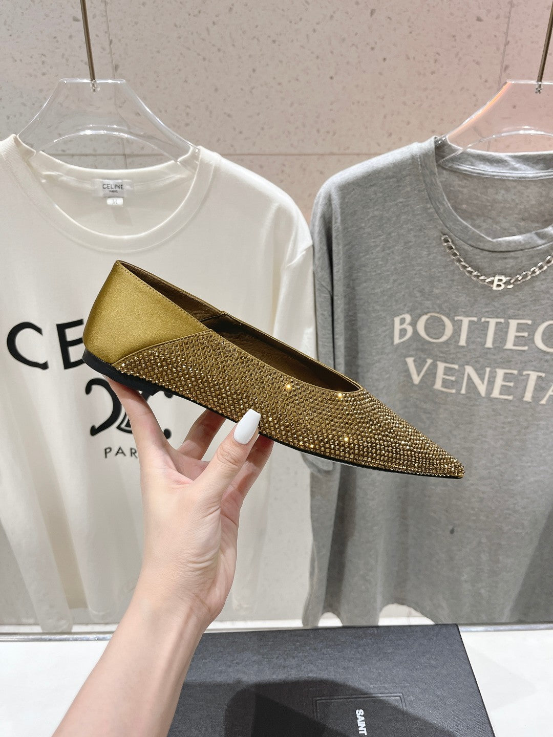 Saint Laurent SL NOUR LEOPARD POINT TOE BALLET MUSTARD CRYSTAL SATIN