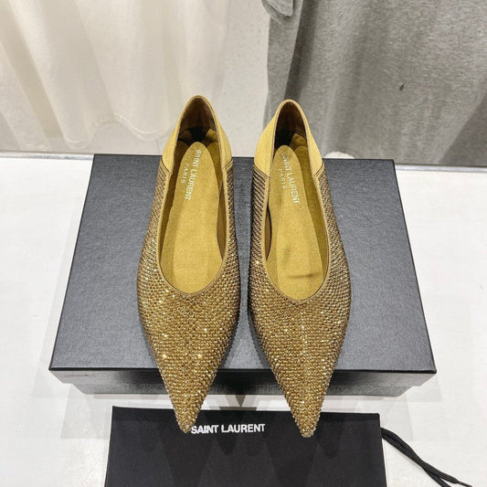 Saint Laurent SL NOUR LEOPARD POINT TOE BALLET MUSTARD CRYSTAL SATIN