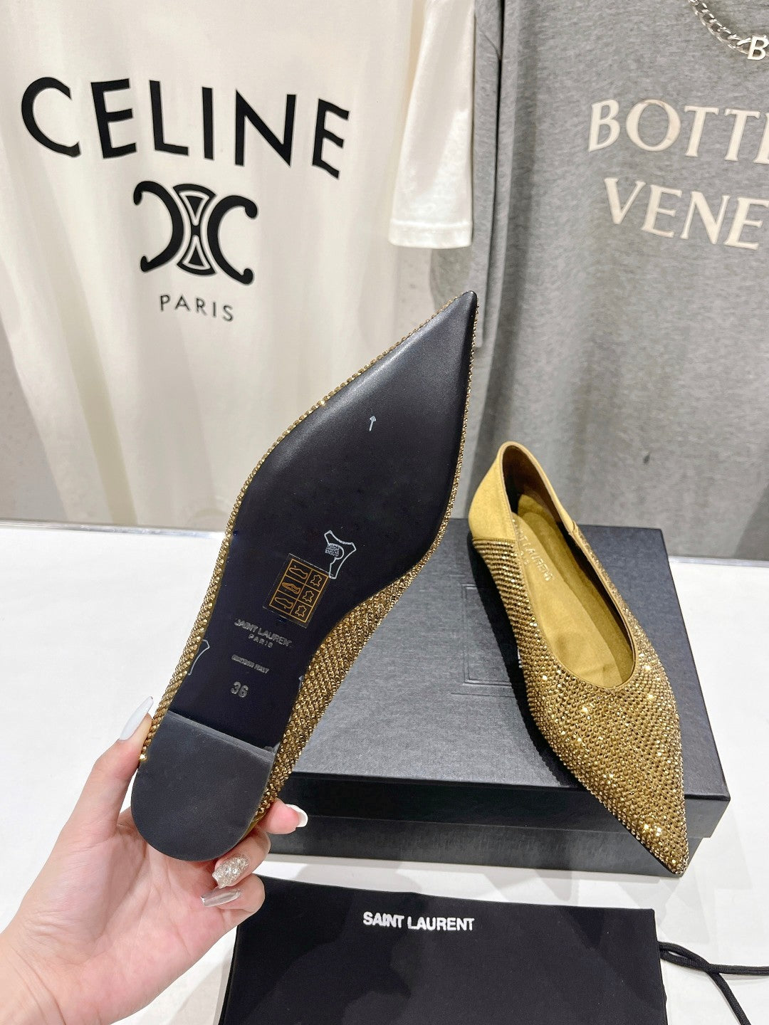Saint Laurent SL NOUR LEOPARD POINT TOE BALLET MUSTARD CRYSTAL SATIN