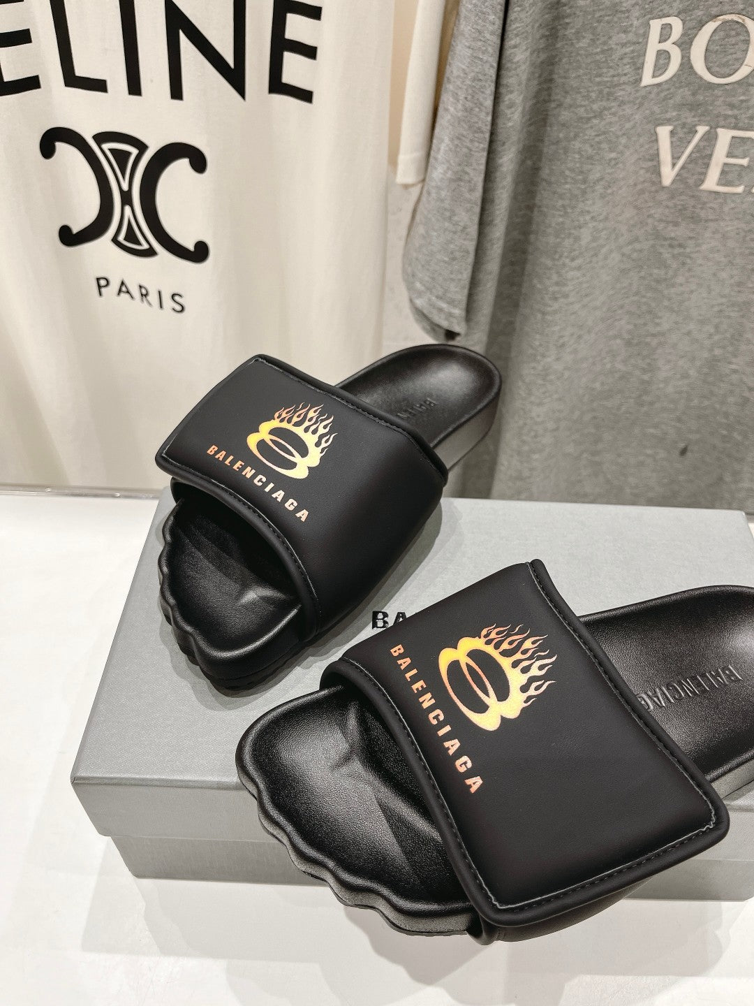 Balanciaga SLIDE SANDALS IN BLACK NYLON AND RUBBER YELLOW PRINT