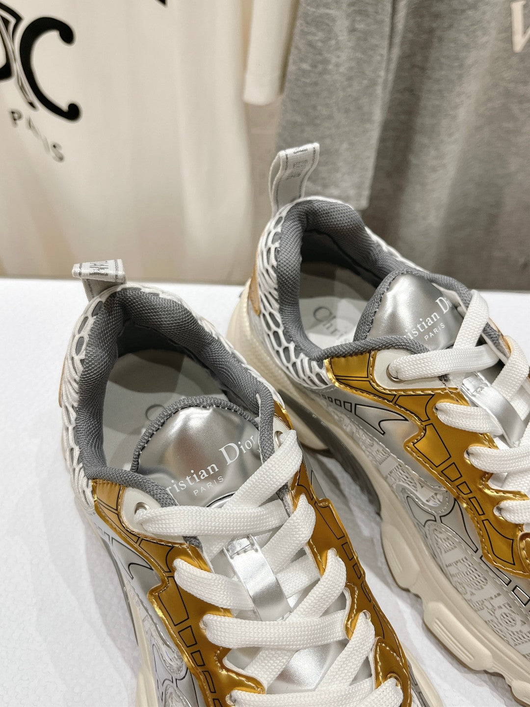 DIOR Vibe Sneaker White Mix Grey Gold Polyester Mesh Fabric And Cowhide