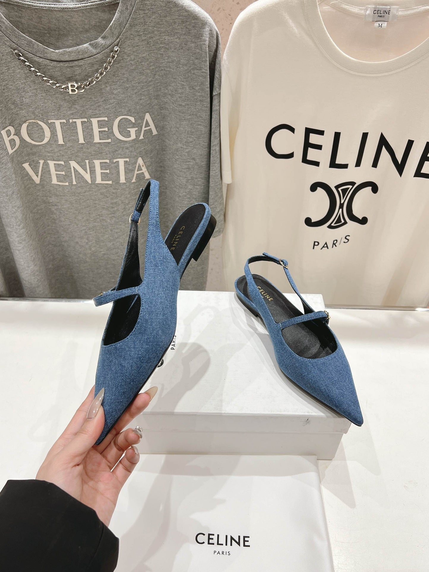 Celine CELINE 25C Slingback Flat Demin Blue Fabric 236746