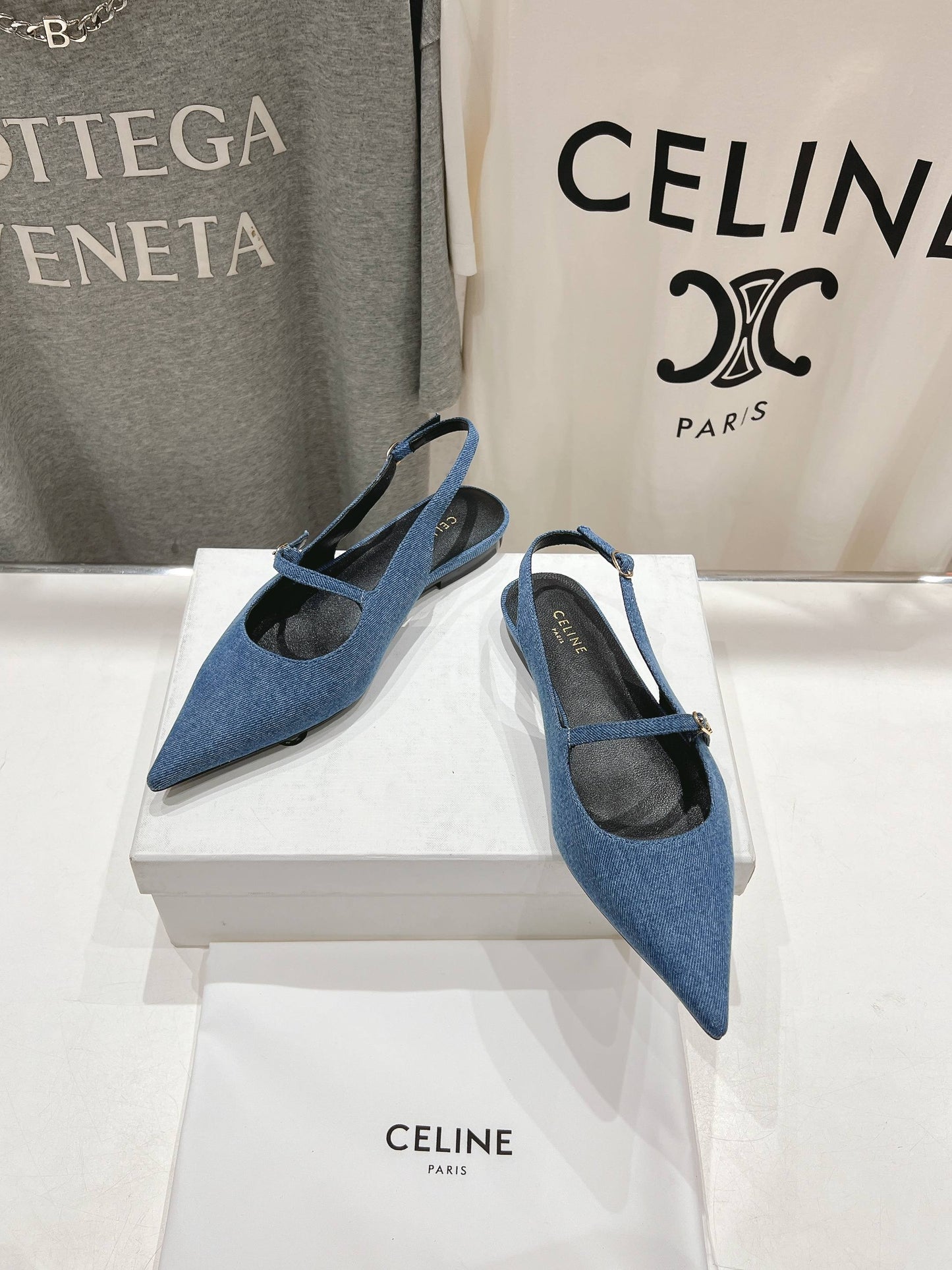 Celine CELINE 25C Slingback Flat Demin Blue Fabric 236746