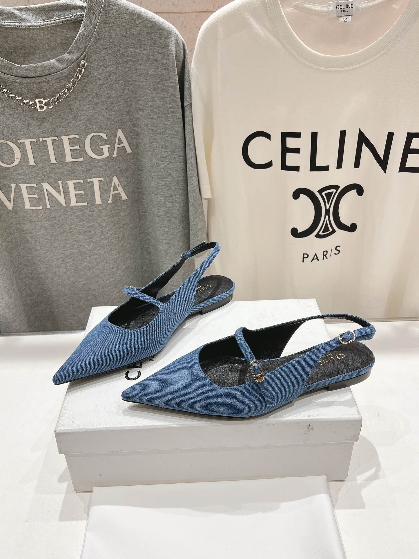 Celine CELINE 25C Slingback Flat Demin Blue Fabric 236746