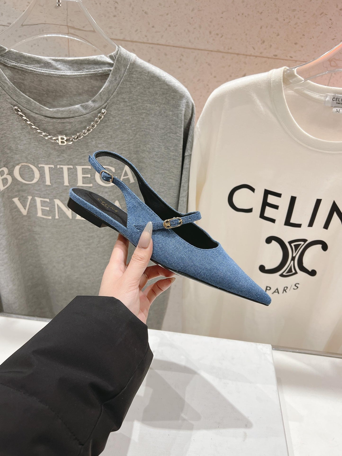 Celine CELINE 25C Slingback Flat Demin Blue Fabric 236746