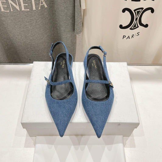 Celine CELINE 25C Slingback Flat Demin Blue Fabric 236746