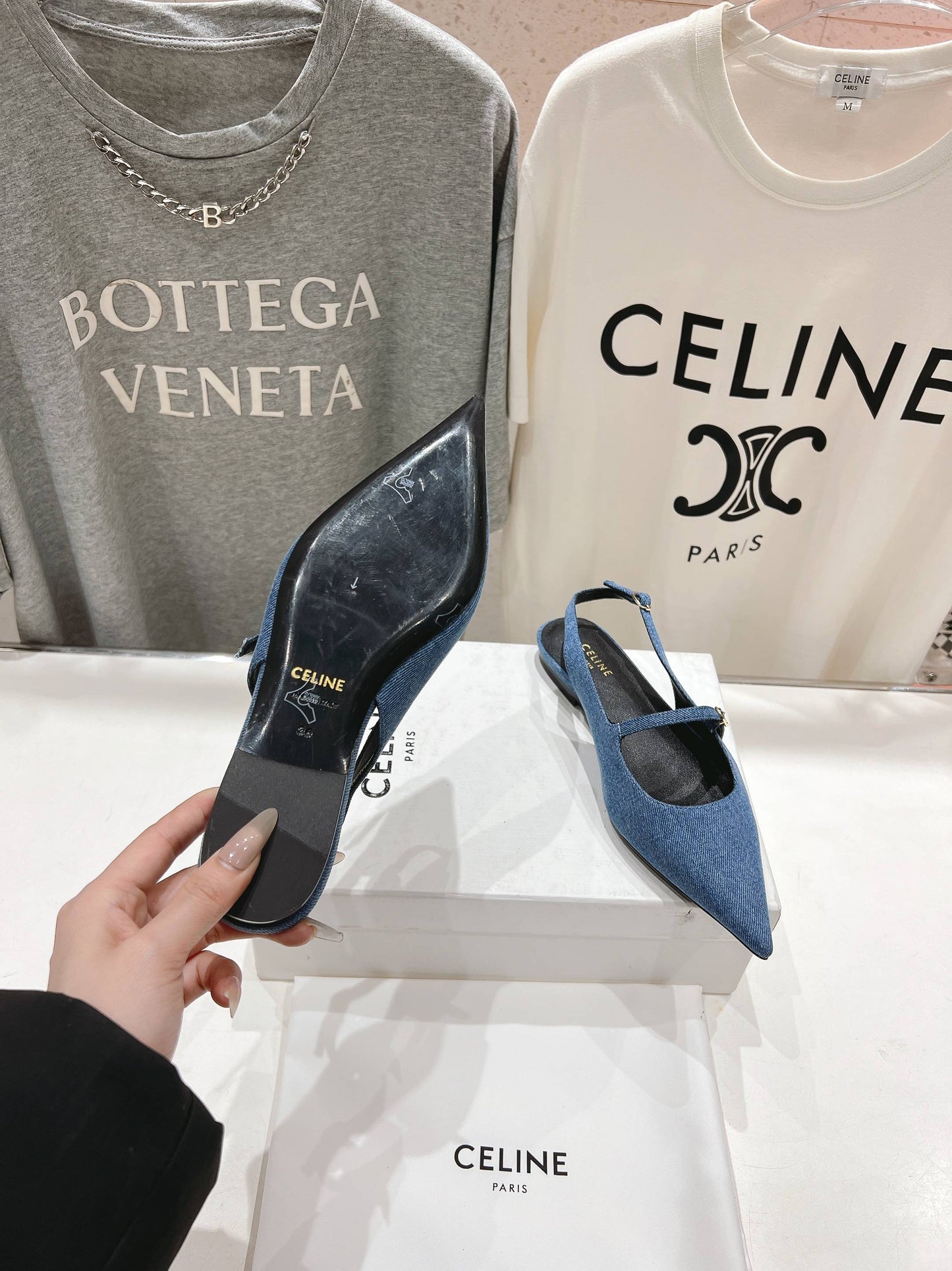 Celine CELINE 25C Slingback Flat Demin Blue Fabric 236746