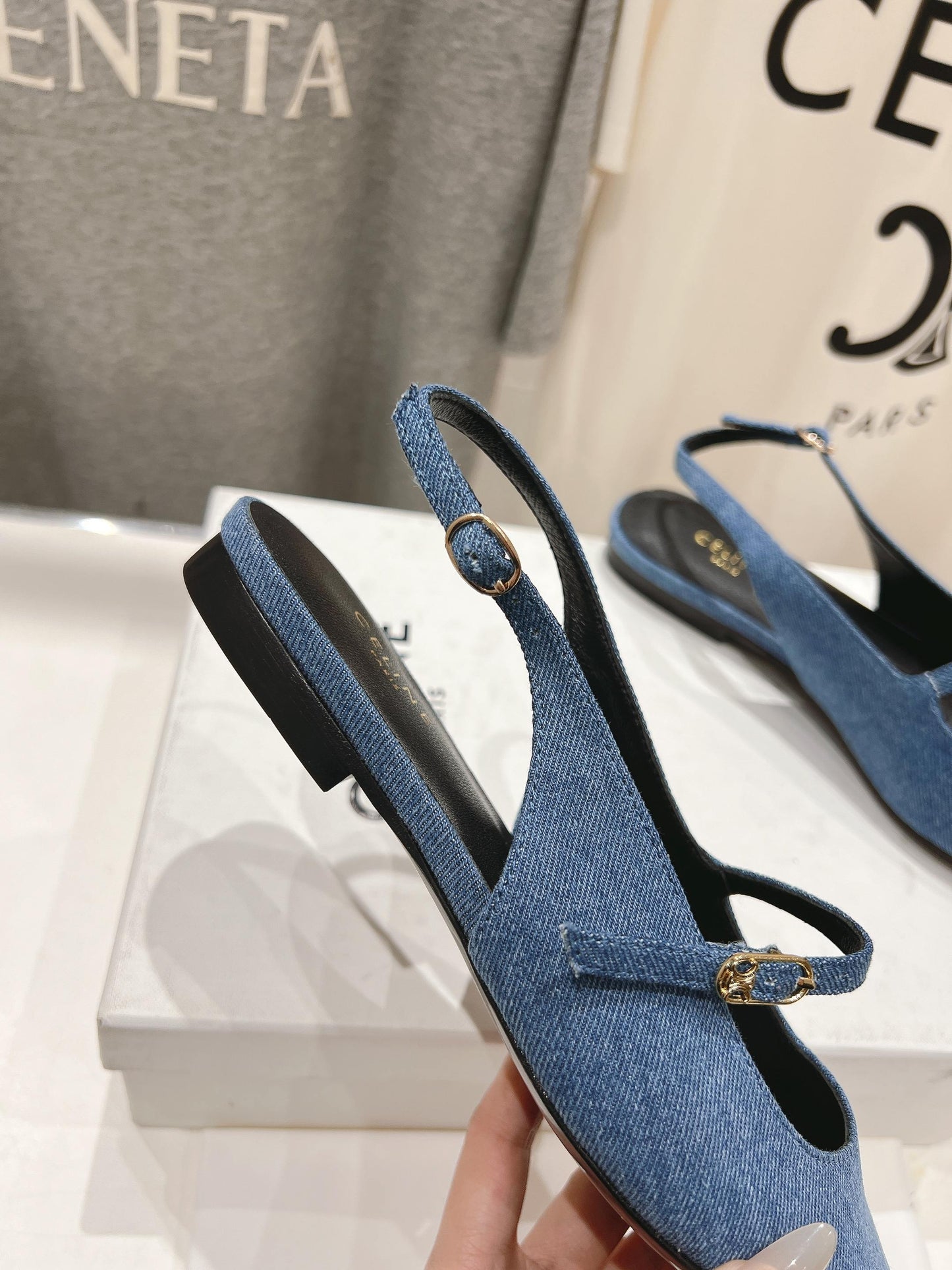 Celine CELINE 25C Slingback Flat Demin Blue Fabric 236746