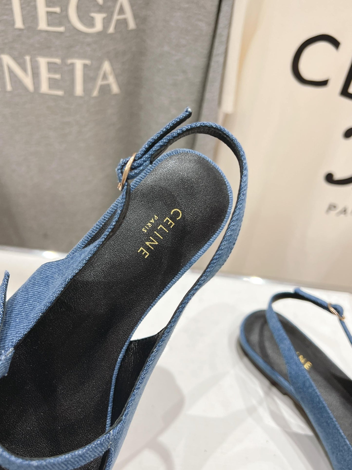 Celine CELINE 25C Slingback Flat Demin Blue Fabric 236746