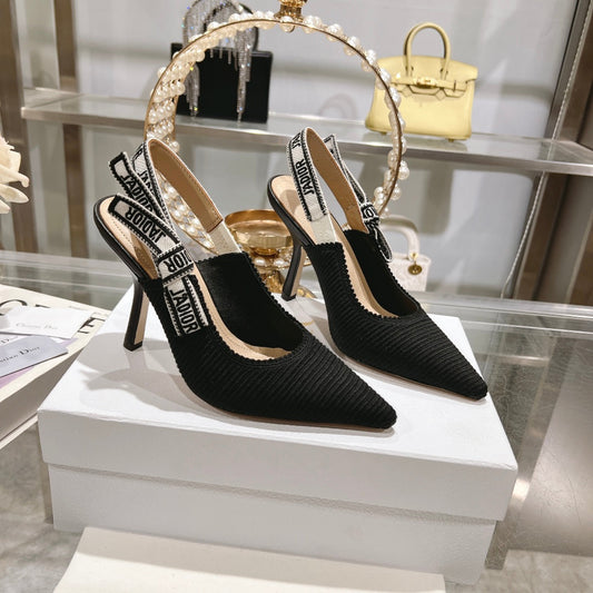 DIOR slingback pumps 95 black embroidered cotton ribbon