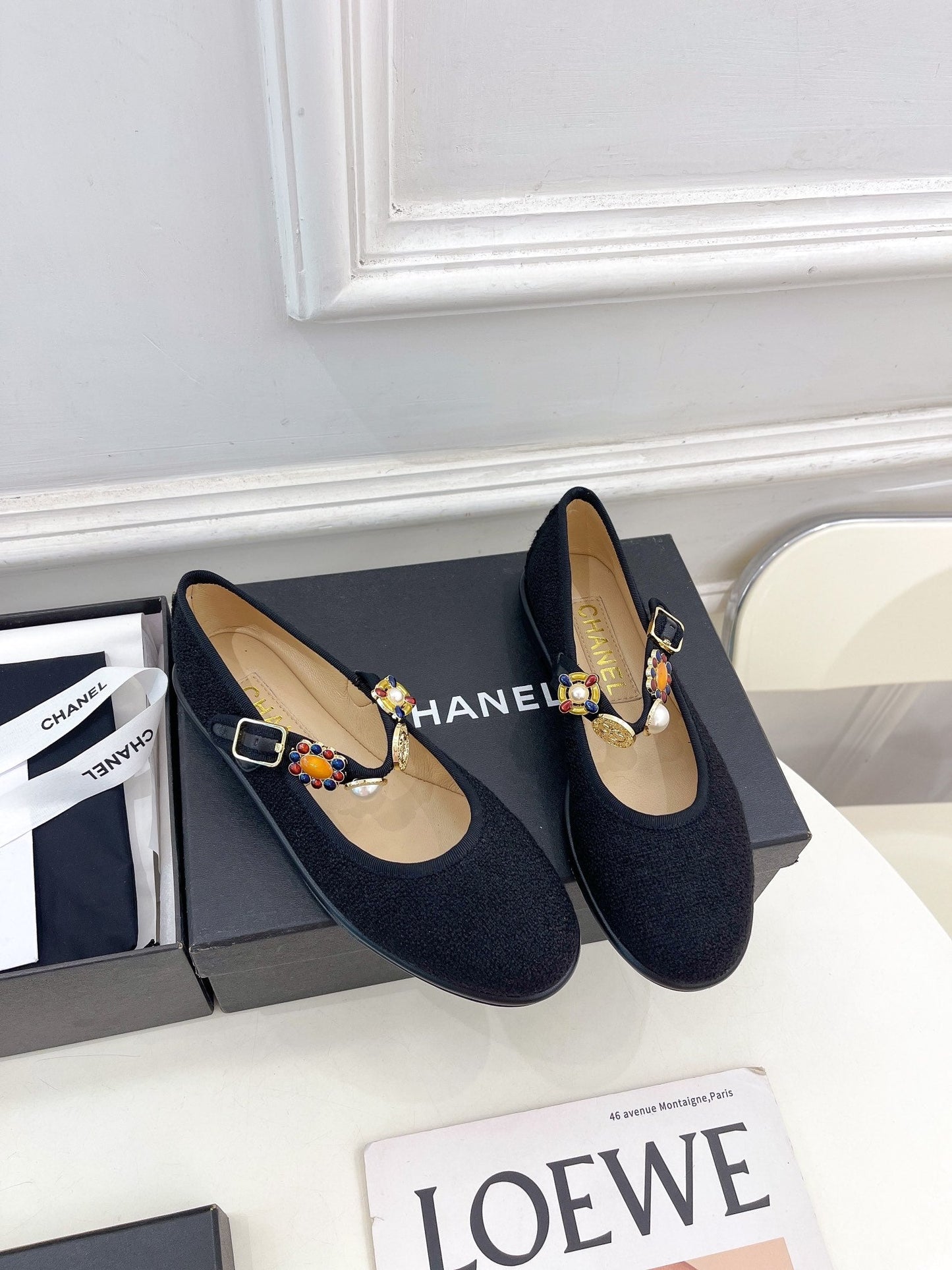CHANEL Ballet Flats 10mm Black Wool Tweed And Fabric 948826