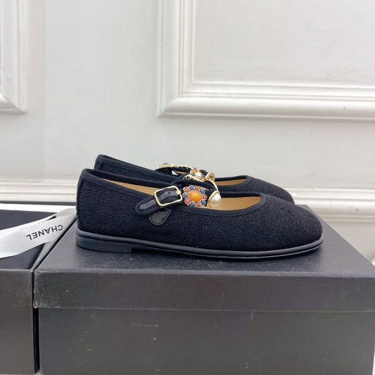 CHANEL Ballet Flats 10mm Black Wool Tweed And Fabric 948826