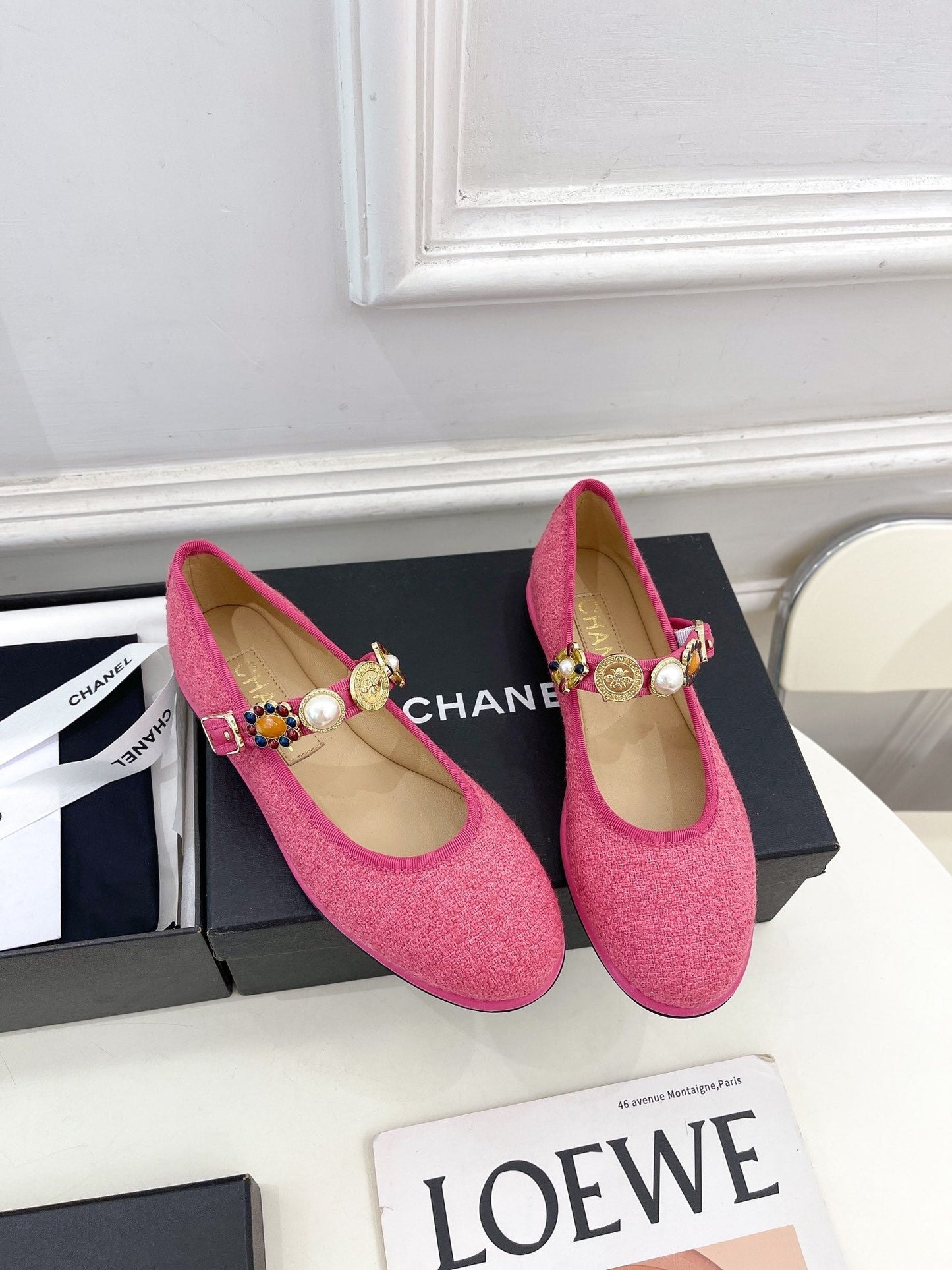 CHANEL Ballet Flats 10mm Dark Pink Wool Tweed And Fabric 948828