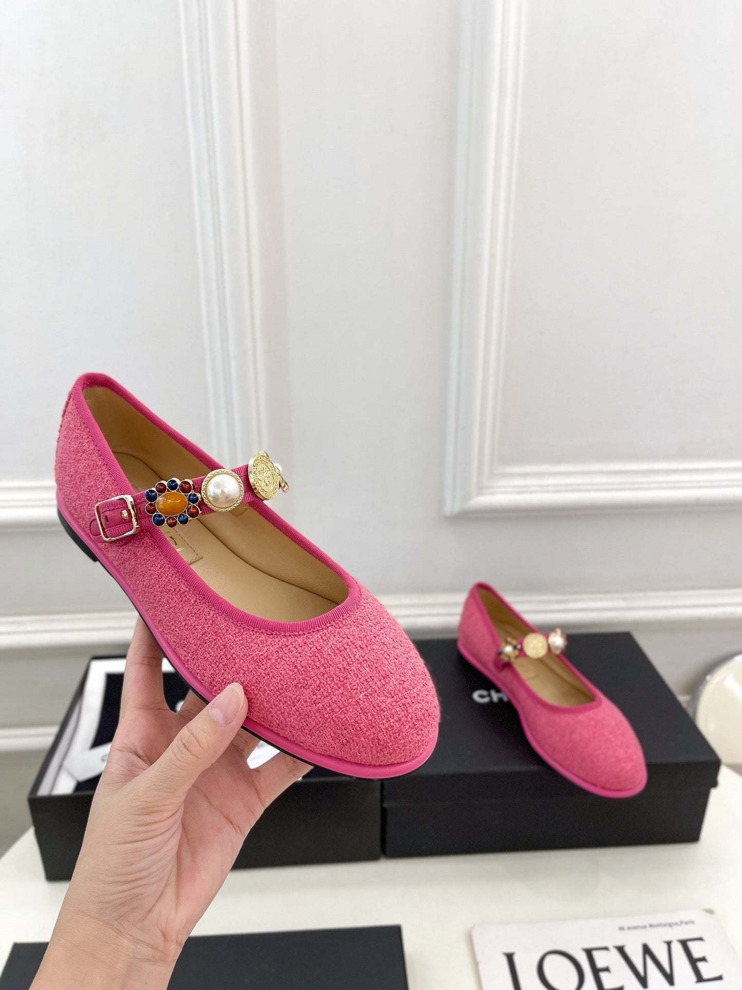 CHANEL Ballet Flats 10mm Dark Pink Wool Tweed And Fabric 948828